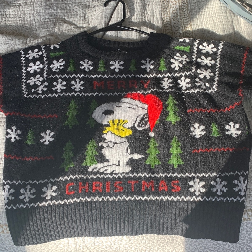Festive Black Christmas Sweater with Snoopy Design